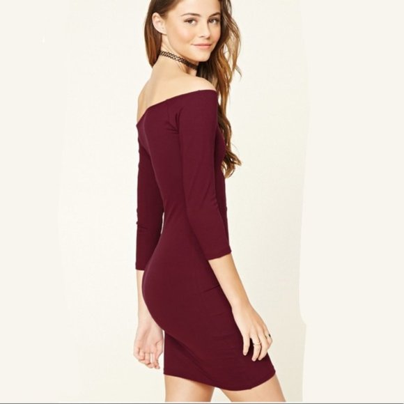 Forever 21 Wine Red Bodycon Off Shoulder Dress - Picture 1 of 2